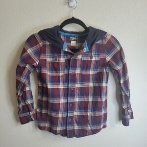 OshKosh B'gosh Kid's Hooded Red & Blue Plaid Flannel Long Sleeve Shirt Sz 10/10A
